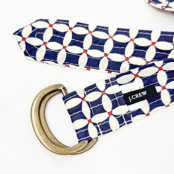 J. Crew Blue Red White Geometric Floral 100% Cotton Slide Buckle Fabric Belt - Picture 5 of 14